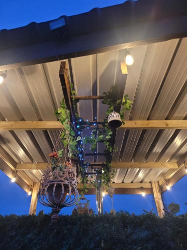 a bunch of potted plants hanging from a ceiling at Birch Cottage with private wood fire hot tub in Harrietsham