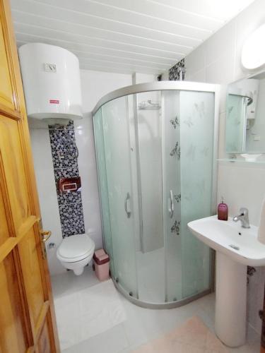 a bathroom with a shower and a toilet and a sink at Manolyam suit 5 .1+1 in Kaş