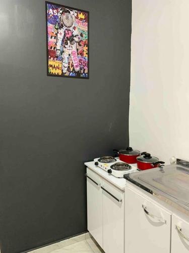 a kitchen with a stove and a picture on the wall at Loft Mobiliado com Cama de Casal e Solteiro in Passo Fundo