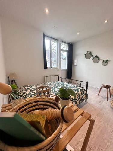 - une chambre avec un lit et une plante dans l'établissement Studio au centre-ville de Sens, à Sens