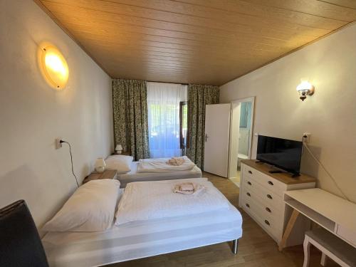 een kleine slaapkamer met 2 bedden en een televisie bij Country House & Restaurant Hronec in Hronec