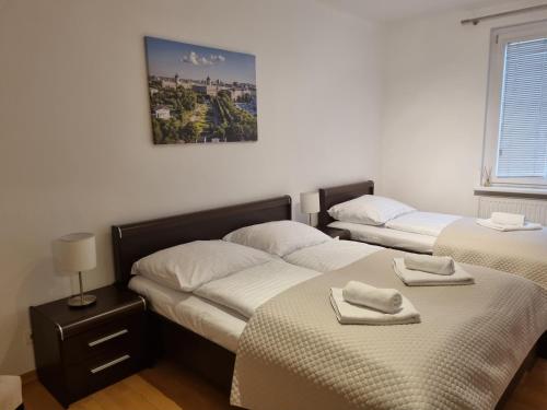 a bedroom with two beds and a picture on the wall at Prestige Vienna Apartment in Vienna