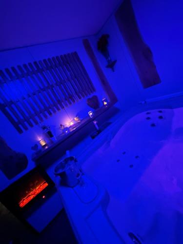 a bathroom with a tub and a fire in it at Apartments and Wellness Ščavničar in Ljutomer