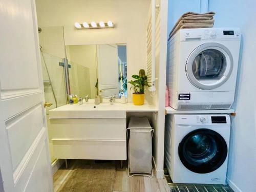 a bathroom with a washing machine and a sink at Appartement au cœur de Bordeaux in Bordeaux