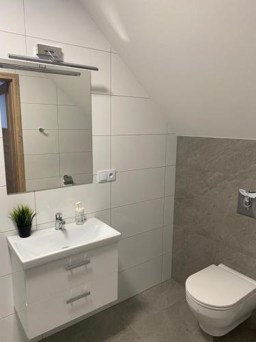 W Pieninach pokoje في سروموس وايزين: حمام أبيض مع حوض ومرحاض