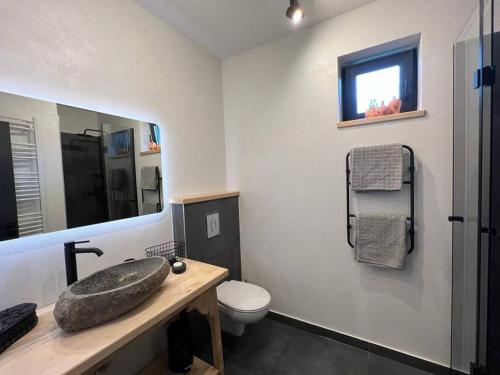 a bathroom with a sink and a toilet at Nook by the lake Dealu Botii in Dealu Botii