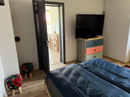 a bedroom with a bed and a dresser and a television at Nook by the lake Dealu Botii in Dealu Botii