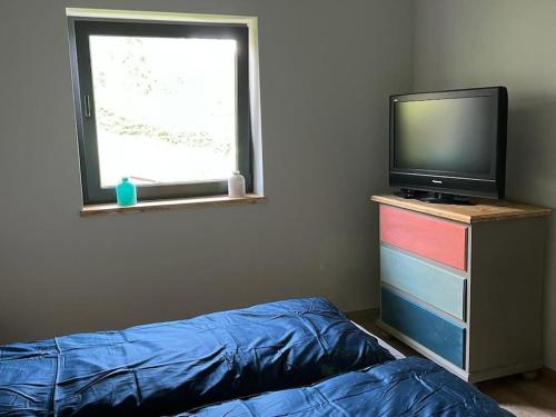 a room with a tv and a dresser with a television at Nook by the lake Dealu Botii in Dealu Botii