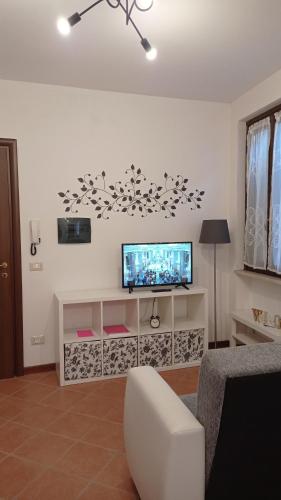 a living room with a flat screen tv on a wall at La Dama di Fiori in Verolanuova