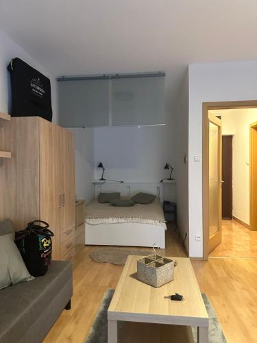 een woonkamer met een bed en een salontafel bij S3 Residences Ilka Studio Serviced Cozy Appartment in Boedapest