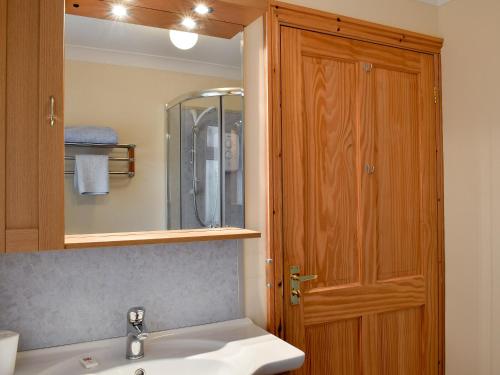 a bathroom with a sink and a mirror and a wooden door at Penybryn in Llansadwrn