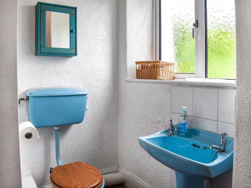 a bathroom with a blue sink and a toilet at Kiln Cottage in Bolton le Sands
