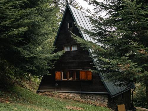 una casa nera con un tetto di gamberetti nel bosco di Chata Jozef a Sabinov