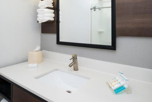 y baño con lavabo blanco y espejo. en Hilton Garden Inn Baton Rouge Airport en Baton Rouge