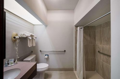 a bathroom with a shower and a toilet and a sink at Quality Inn & Suites DFW Airport South in Irving