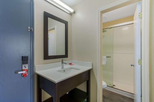ein Bad mit einem Waschbecken und einer Dusche in der Unterkunft Econo Lodge Cherry Point in Havelock