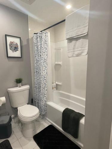 uma casa de banho com um WC, uma banheira e um chuveiro em Cozy basement suite em Calgary