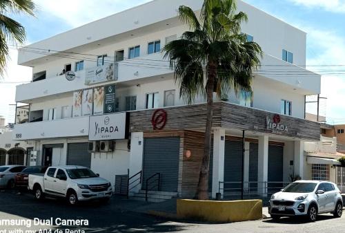 um edifício com uma palmeira em frente em COMODO DEPARTAMENTO VACACIONAL A 5 MIN. DEL MALECON em Mazatlán