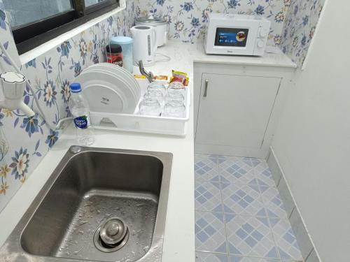 eine Küchentheke mit einer Spüle und einer Mikrowelle in der Unterkunft Ontrack Travel in Male City
