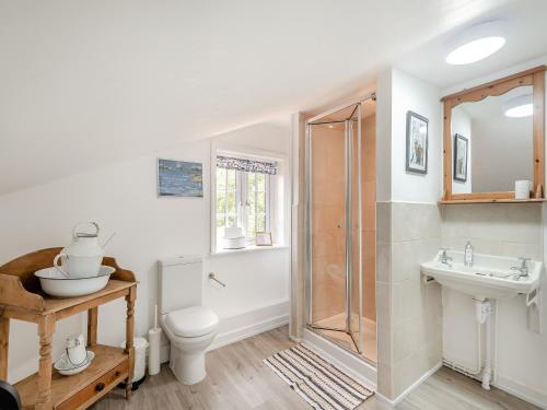 uma casa de banho com um chuveiro, um WC e um lavatório. em Peaceful Farmhouse - Uk44787 em Grainthorpe