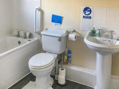 a bathroom with a white toilet and a sink at Harbour Cottage in Millom