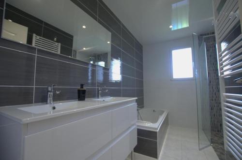 ein Badezimmer mit einem Waschbecken, einem Spiegel und einer Badewanne in der Unterkunft Le paradis de l'orient 
