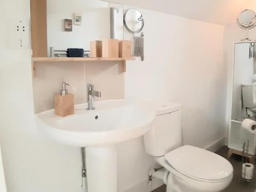 a white bathroom with a toilet and a sink at The Fold in Appleton