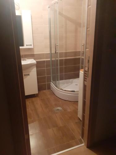 ein Bad mit einer Dusche, einem WC und einem Waschbecken in der Unterkunft Dunav in Smederevo
