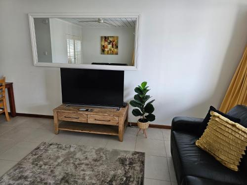uma sala de estar com uma televisão e um sofá em Airlie Seaview Apartments em Airlie Beach