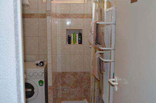 a bathroom with a shower with a toilet and a sink at Apartment Downtown,parking in Osijek