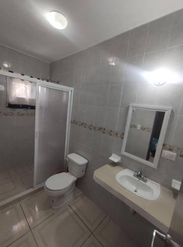 a bathroom with a toilet and a sink and a shower at Departamentos y habitaciones Sak Naj in Telchac Puerto