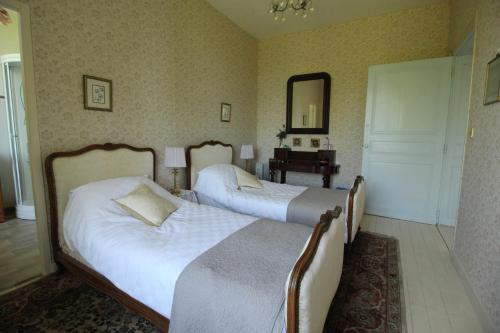a bedroom with two beds and a mirror at Manoir Angle in Blanzay-sur-Boutonne