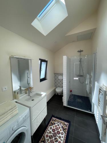 a bathroom with a sink and a washing machine at Apartment 6 confort&modern in Arad