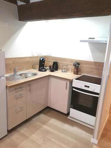 une cuisine avec un évier et une cuisinière dans l'établissement Au Terminus 15 Personnes, à Hautvillers