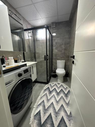 a bathroom with a shower and a toilet and a sink at Konforlu in Aydın