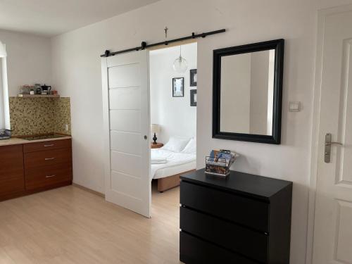 a bedroom with a mirror and a dresser and a bed at Apartament Parion 2 in Lublin