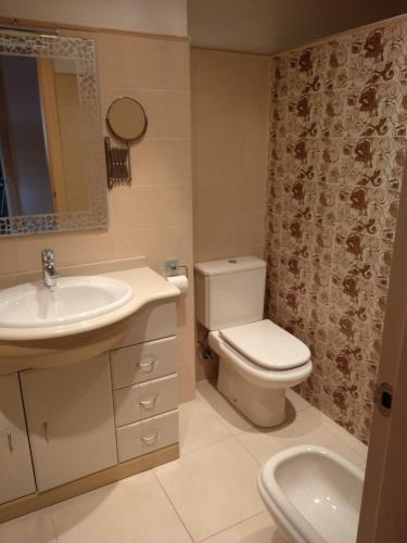a bathroom with a sink and a toilet and a mirror at Playa de Canet, gran Terraza in Valencia