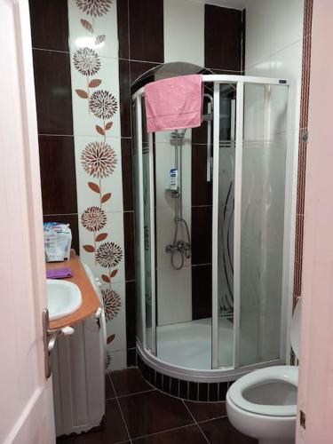 a bathroom with a shower and a toilet and a sink at Studio in the heart of El Gouna in Hurghada