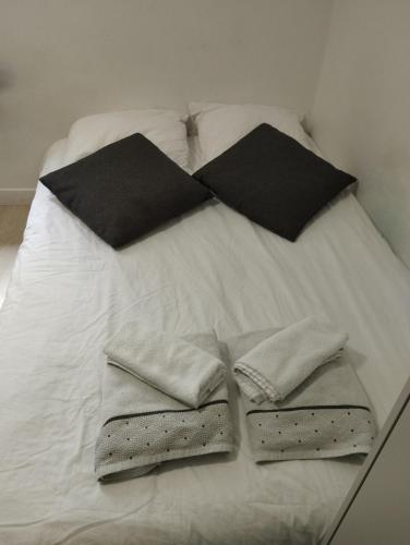 uma cama branca com quatro almofadas em cima em Appartement Brest Saint Martin em Brest