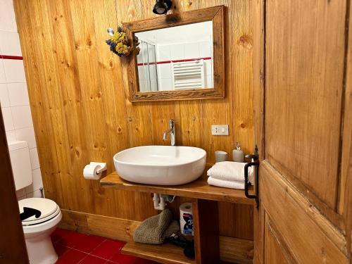 een houten badkamer met een wastafel en een spiegel bij Chalet Meyen - Val Ferret in Courmayeur