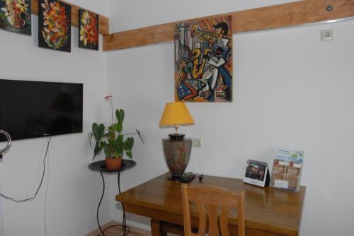 a dining room with a table and a television at Klosterherberge Economy in Meßkirch