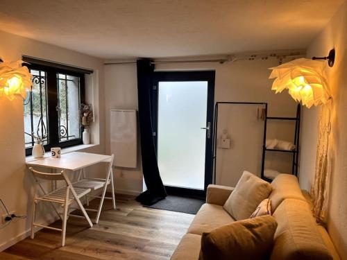 a living room with a couch and a table at Studio Strasbourg avec jardin in Strasbourg