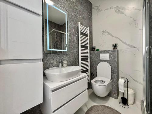 uma casa de banho com um lavatório, um WC e um espelho. em Capital33 em Sarajevo