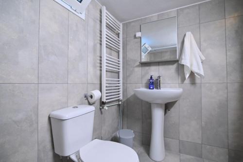 a bathroom with a white toilet and a sink at Nihtolouloudo house in Vrasná