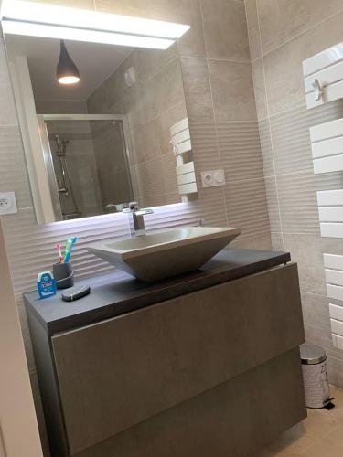 une salle de bain avec un lavabo et un miroir dans l'établissement Appartement T2 de standing face mer Pornic, à Pornic