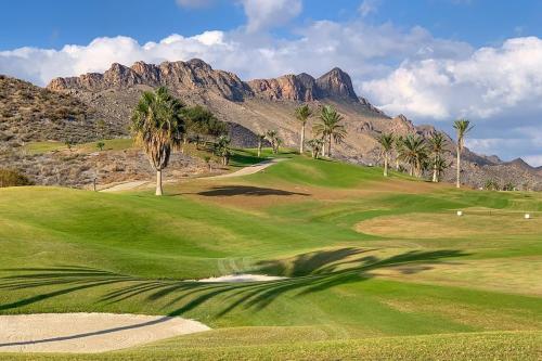 a golf course with palm trees and mountains in the background at Sea View Family Villa with Private Pool, San Juan de los Terreros in Pulpí