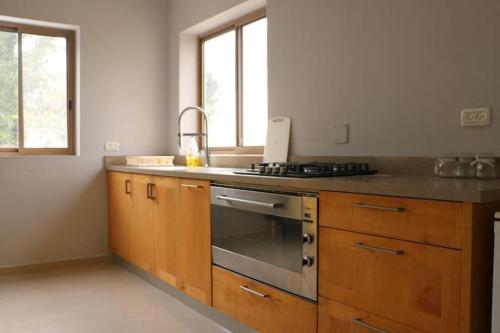 a kitchen with wooden cabinets and a sink and a stove at Lahav Suite in Kefar Daniyyel