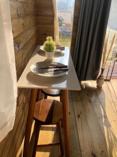 a small table with a plate and a plant on it at Recanto dos Pássaros in Alto Caparao