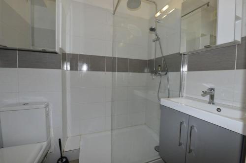een badkamer met een douche, een wastafel en een toilet bij Joli studio à 5min de la plage à Palavas in Palavas-les-Flots