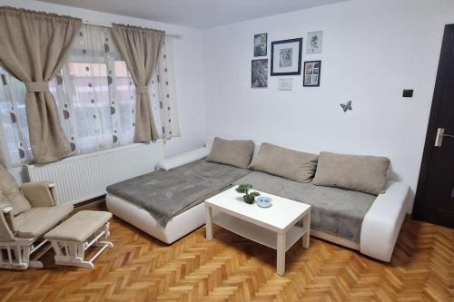 uma sala de estar com um sofá e uma mesa em Locul unde te simți acasă em Câmpulung